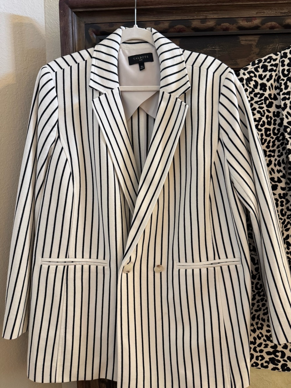 Talbots White Blazer with Black Vertical Stripes, Knit, Like New